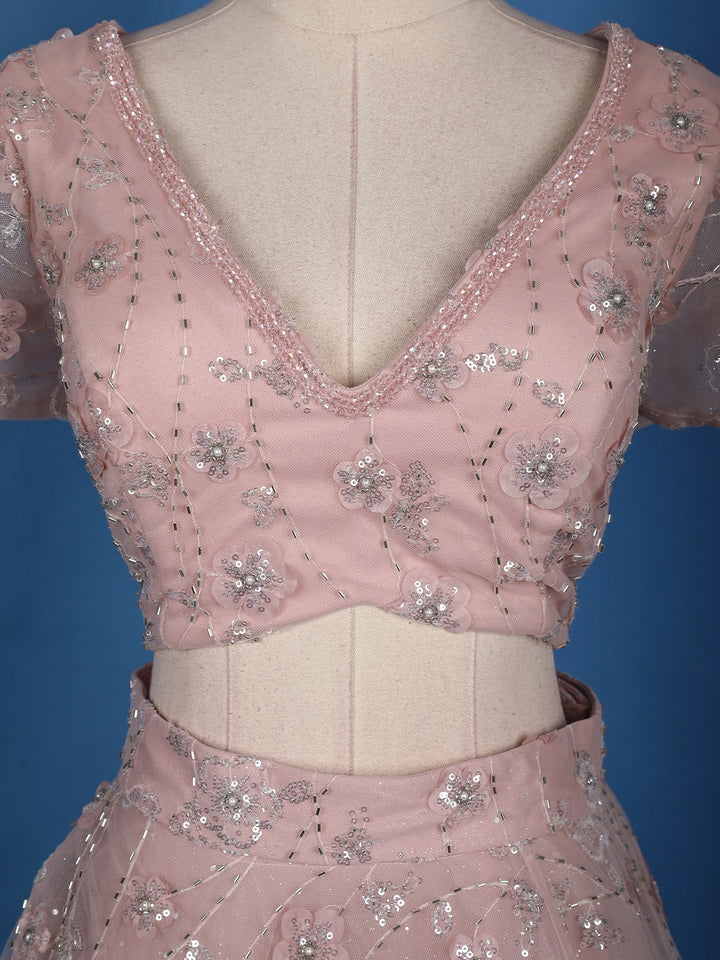 Dusty Blush Pink Floral And Sequins Embroidered Net Lehenga for Bridesmaids - Diadem