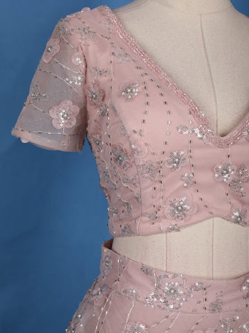 Dusty Blush Pink Floral And Sequins Embroidered Net Lehenga for Bridesmaids - Diadem
