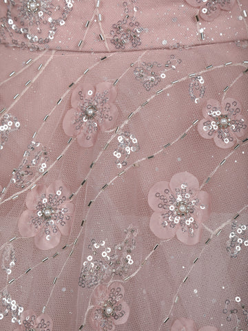 Dusty Blush Pink Floral And Sequins Embroidered Net Lehenga for Bridesmaids - Diadem
