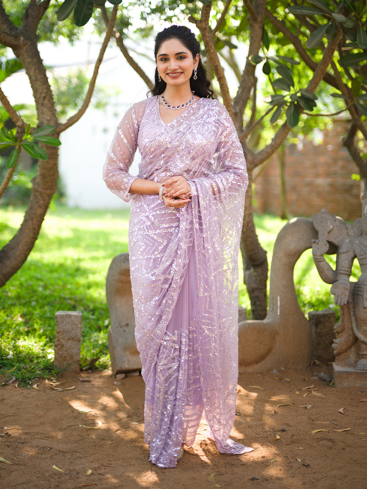 Dusty Lavender Heavy Sequins Embroidered Design Net Fancy Saree with Scalloped Border