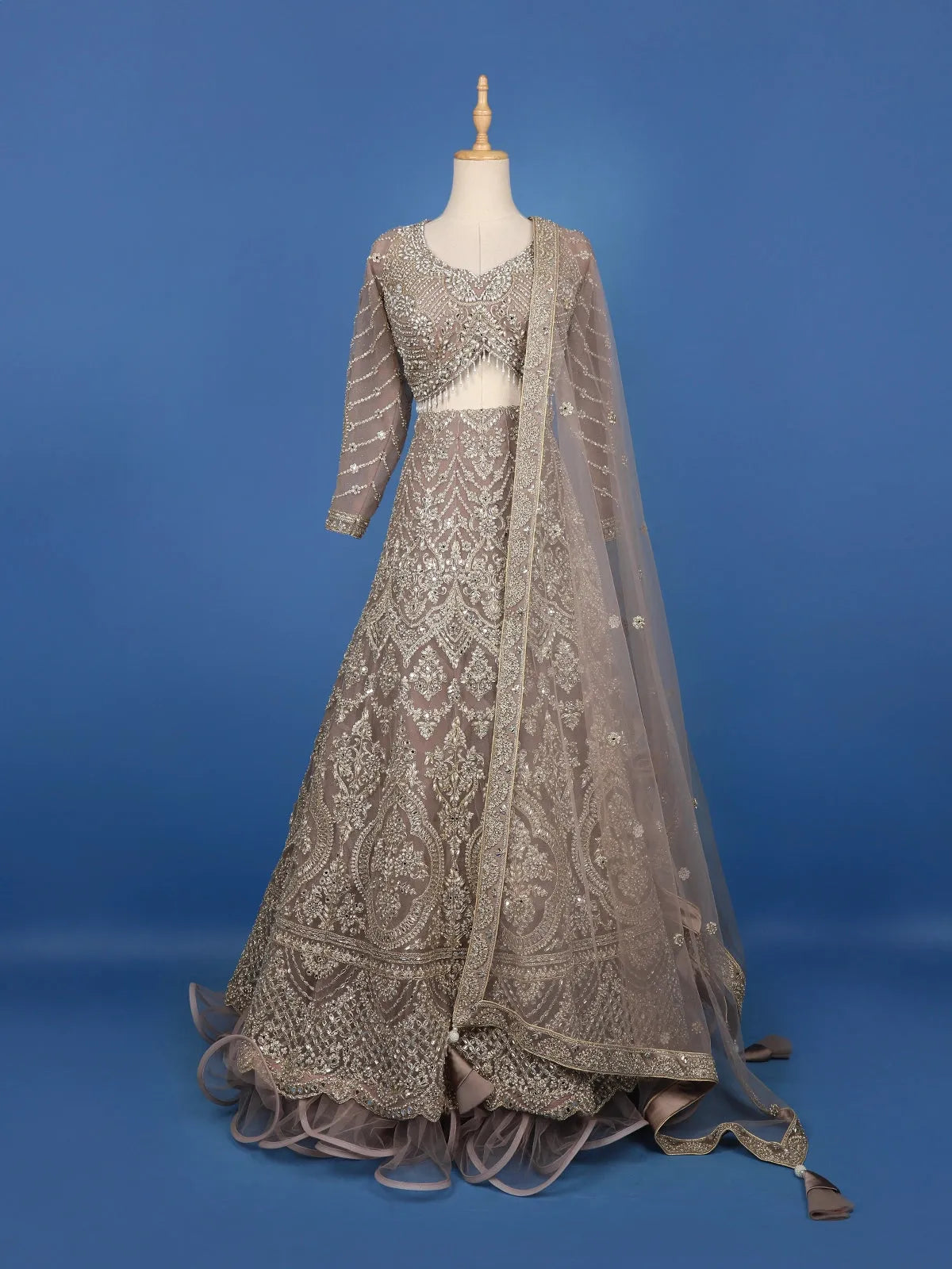 Dusty Mauve Floral And Cutdana Beads Embroidered Net Bridal Lehenga - Diadem