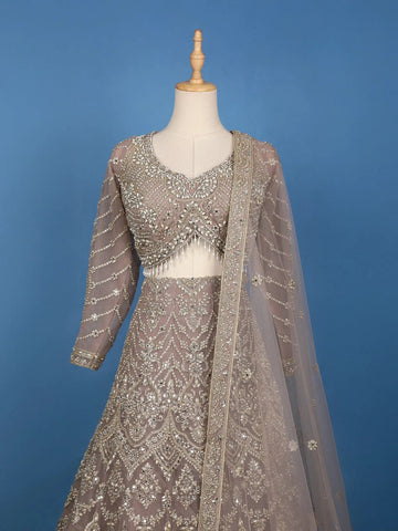 Dusty Mauve Floral And Cutdana Beads Embroidered Net Bridal Lehenga - Diadem