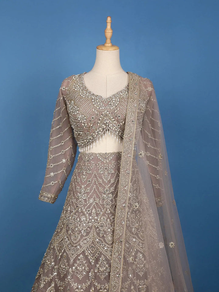Dusty Mauve Floral And Cutdana Beads Embroidered Net Bridal Lehenga - Diadem