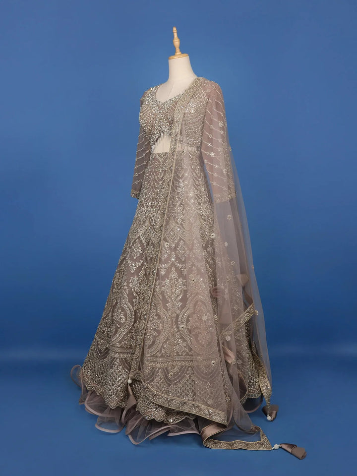 Dusty Mauve Floral And Cutdana Beads Embroidered Net Bridal Lehenga - Diadem
