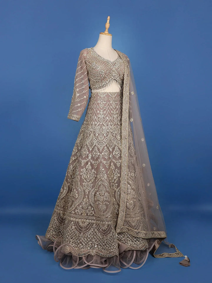 Dusty Mauve Floral And Cutdana Beads Embroidered Net Bridal Lehenga - Diadem