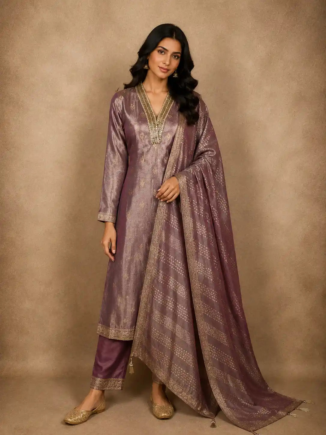 Dusty Mauve Floral Embroidered Design Tissue Salwar Suit with Dupatta