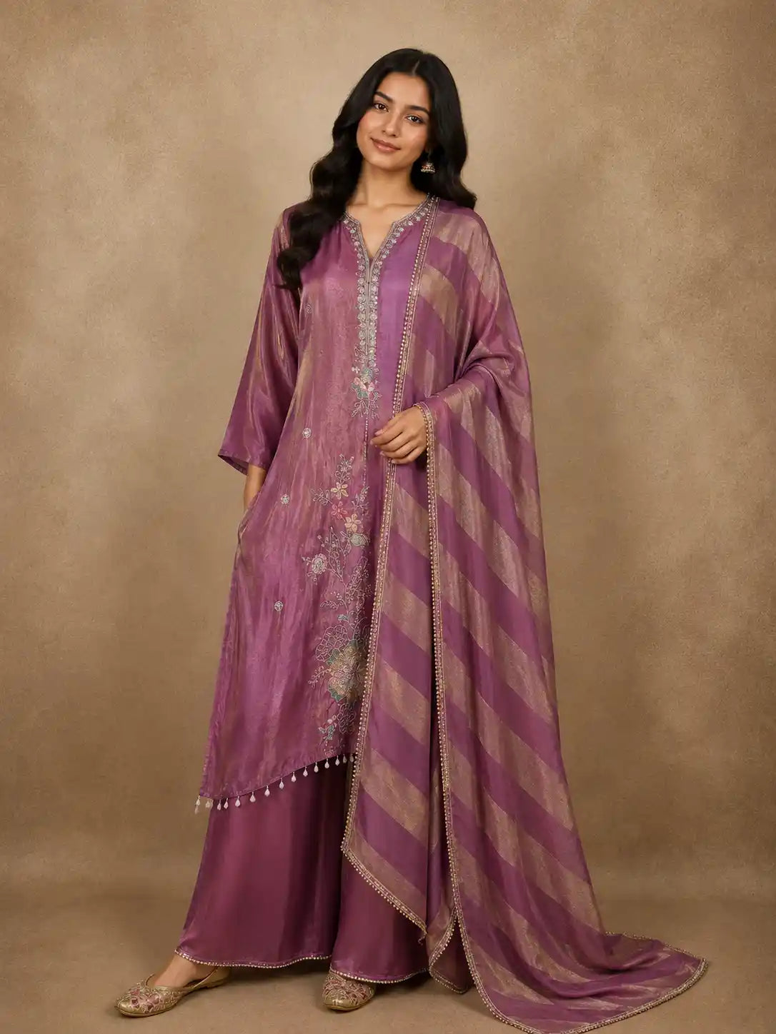 Dusty Mauve Purple Floral Thread and Beads Embroidered Design Tissue Silk Salwar Suit