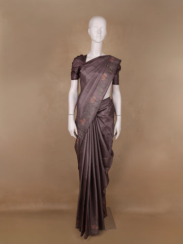 Dusty Mauve Solid Design Semi Tussar Saree With Floral Printed Border - Diadem