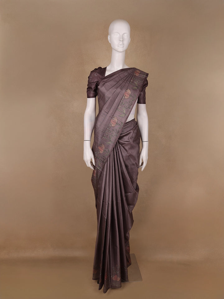 Dusty Mauve Solid Design Semi Tussar Saree With Floral Printed Border - Diadem