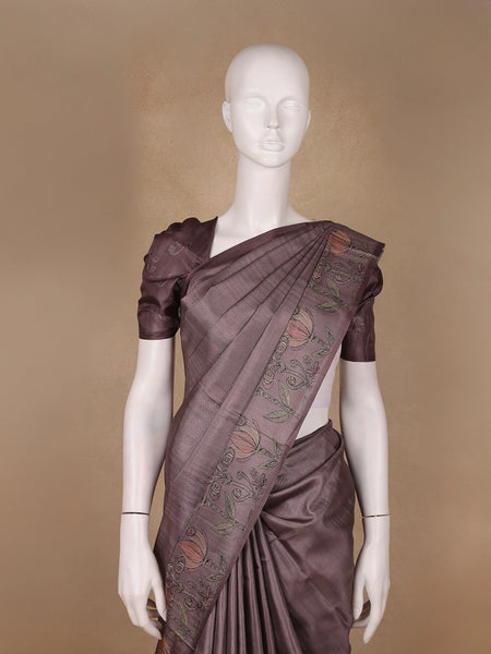 Dusty Mauve Solid Design Semi Tussar Saree With Floral Printed Border - Diadem