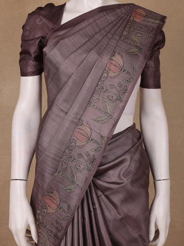 Dusty Mauve Solid Design Semi Tussar Saree With Floral Printed Border - Diadem