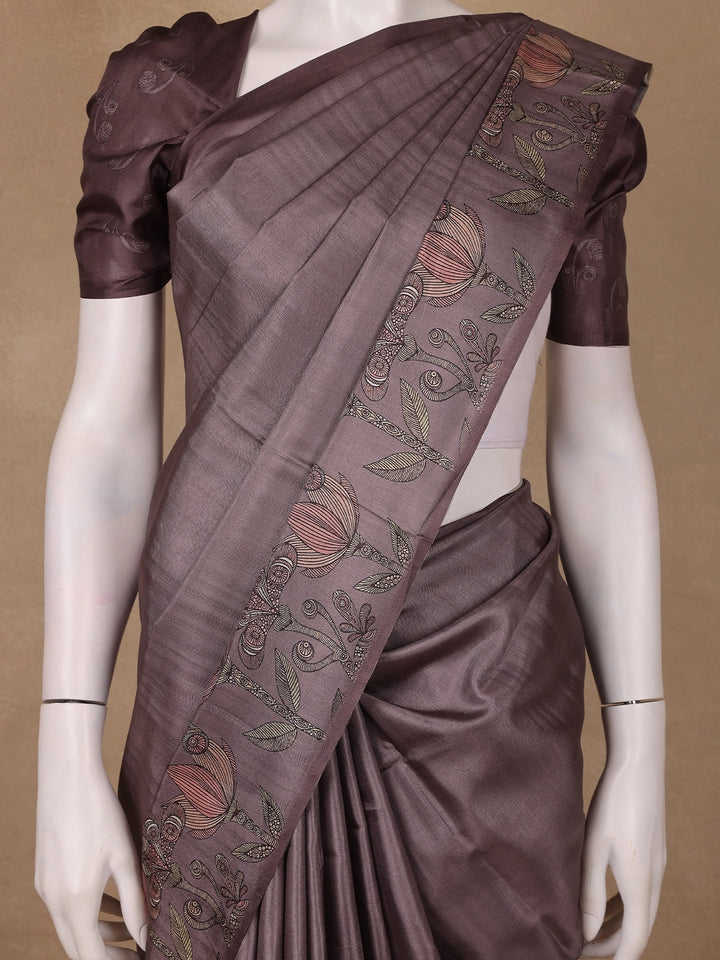 Dusty Mauve Solid Design Semi Tussar Saree With Floral Printed Border - Diadem