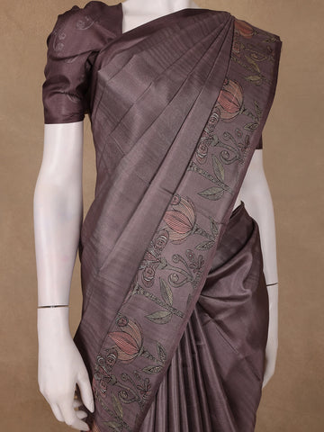 Dusty Mauve Solid Design Semi Tussar Saree With Floral Printed Border - Diadem