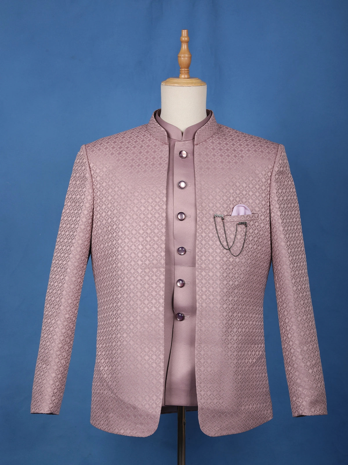 Dusty Mauve Textured Jacquard Men's Suit with Chain Brooch Detailing - Diadem