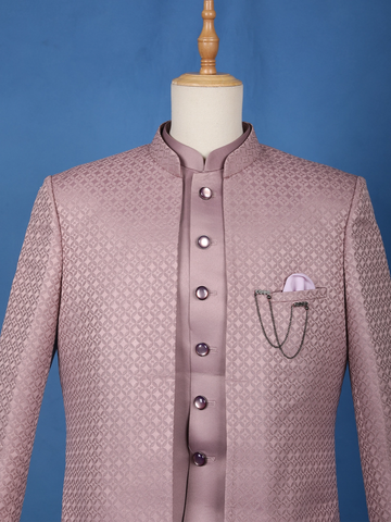Dusty Mauve Textured Jacquard Men's Suit with Chain Brooch Detailing - Diadem