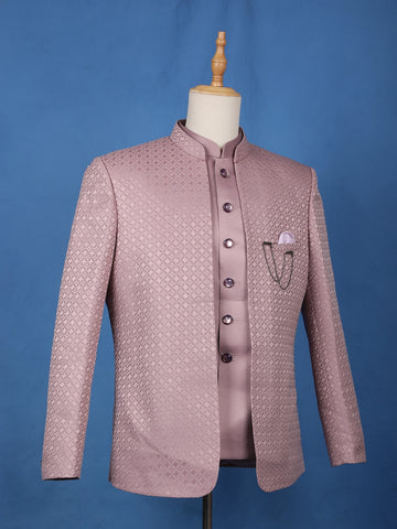 Dusty Mauve Textured Jacquard Men's Suit with Chain Brooch Detailing - Diadem