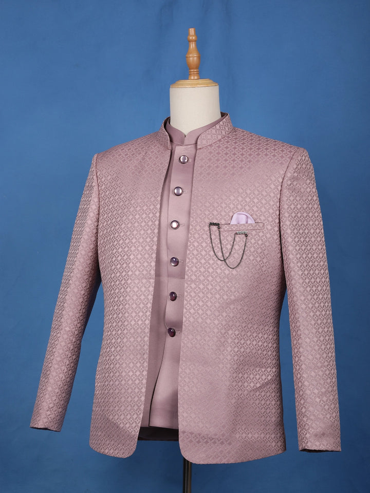 Dusty Mauve Textured Jacquard Men's Suit with Chain Brooch Detailing - Diadem