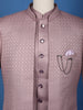 Dusty Mauve Textured Jacquard Men's Suit with Chain Brooch Detailing - Diadem