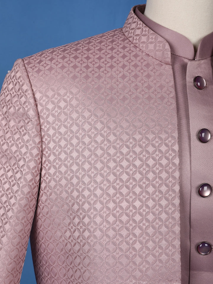 Dusty Mauve Textured Jacquard Men's Suit with Chain Brooch Detailing - Diadem