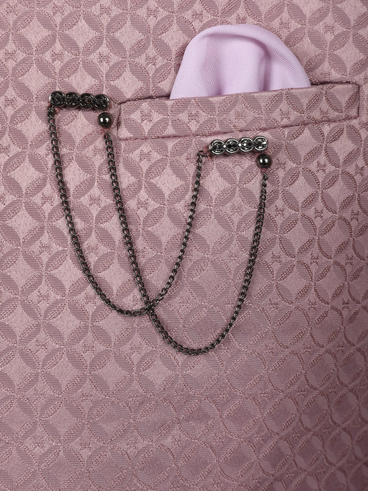 Dusty Mauve Textured Jacquard Men's Suit with Chain Brooch Detailing - Diadem