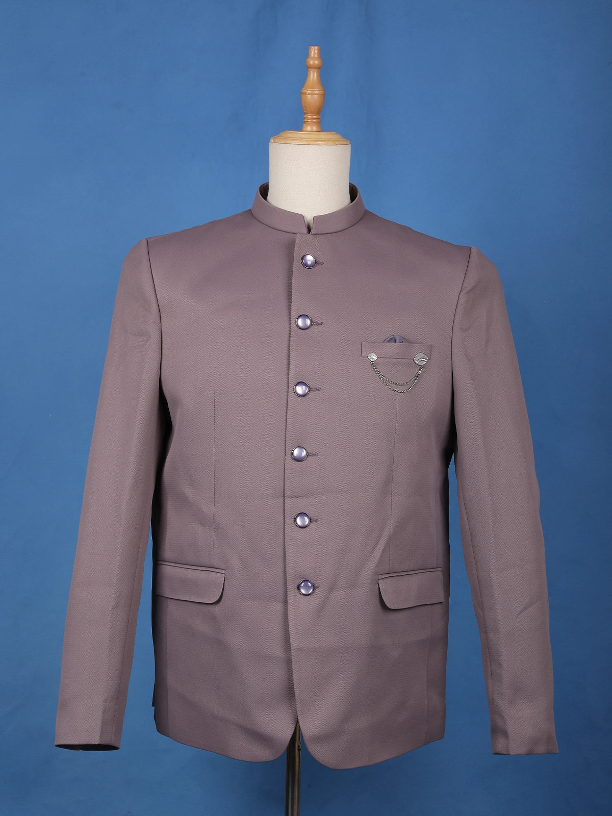 Dusty Mauve Textured Solid Polyester Men's Suit with Pocket Chain Detailing
