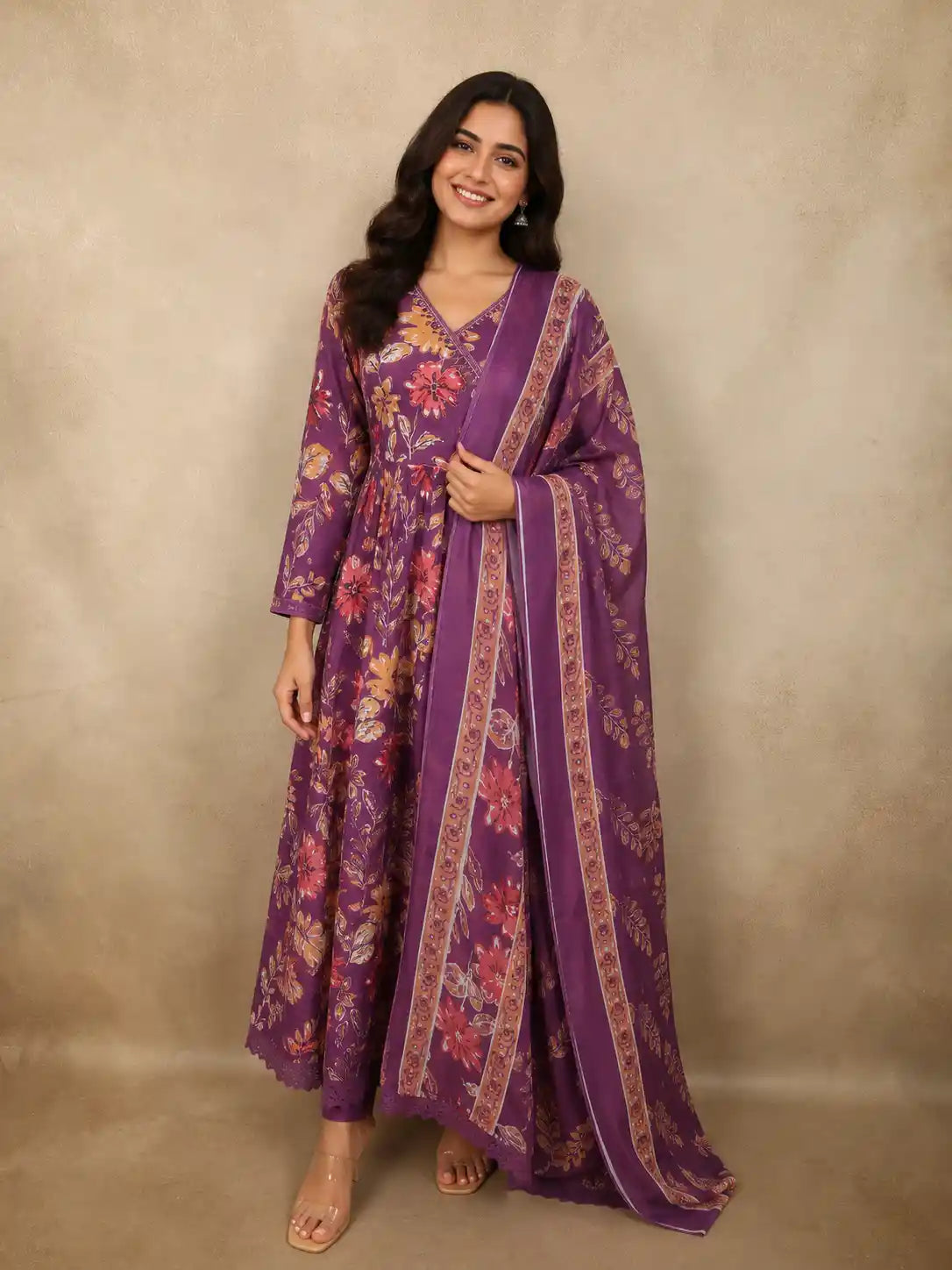 Dusty Orchid Purple Floral Printed Design Cotton Anarkali Salwar Suit with Dupatta