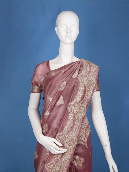 Dusty Peach Floral Zari Sequin Embellishment Organza Saree - Diadem
