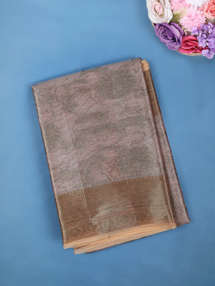 Dusty Peach Pink Floral Design Tissue Silk Saree - Diadem