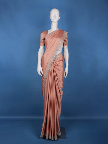 Dusty Peach Stone Embellishment Satin Saree - Diadem