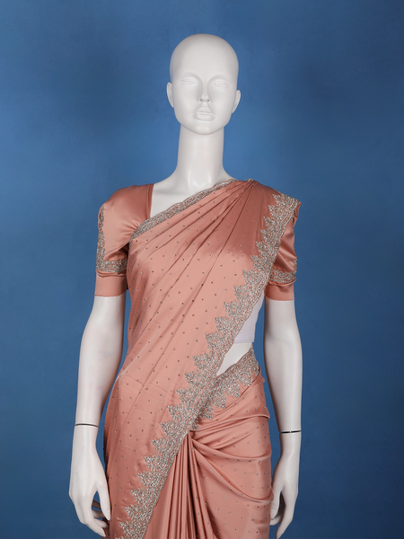 Dusty Peach Stone Embellishment Satin Saree - Diadem