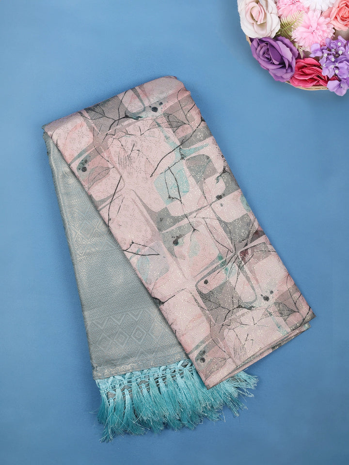 Dusty Pink Abstract Leaf and Geometric Digital Print Soft Silk Saree - Diadem