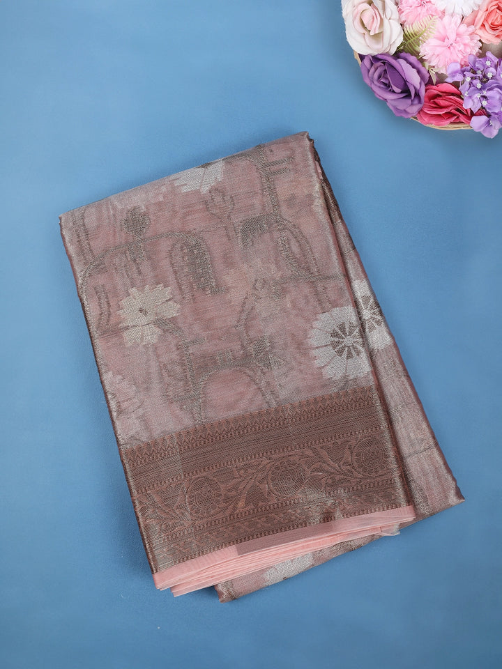 Dusty Pink Floral Design Tissue Silk Saree - Diadem