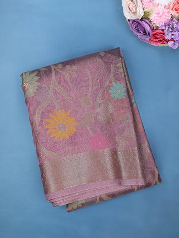 Dusty Pink Floral Design Zari Work Tissue Silk Saree - Diadem