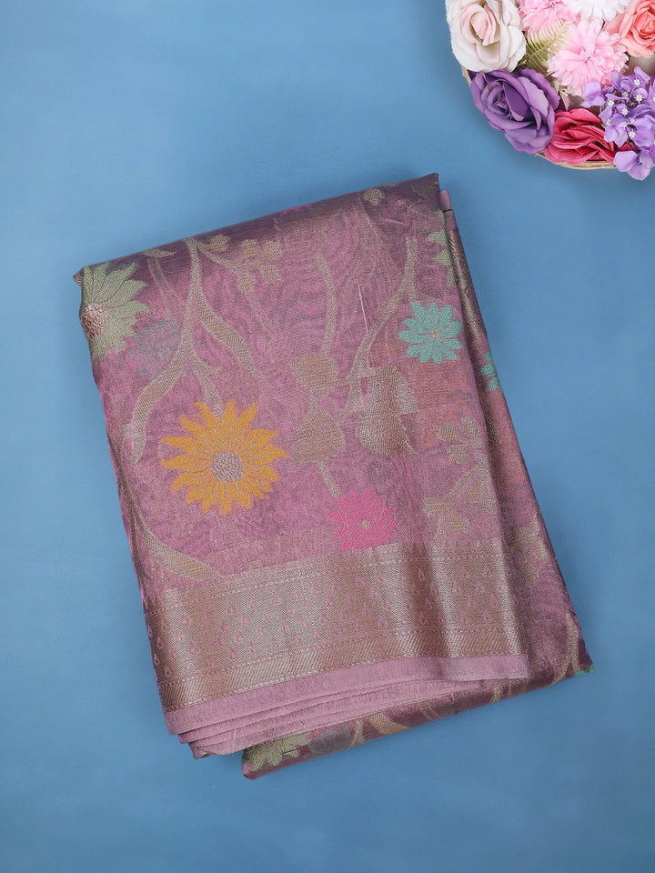 Dusty Pink Floral Design Zari Work Tissue Silk Saree - Diadem