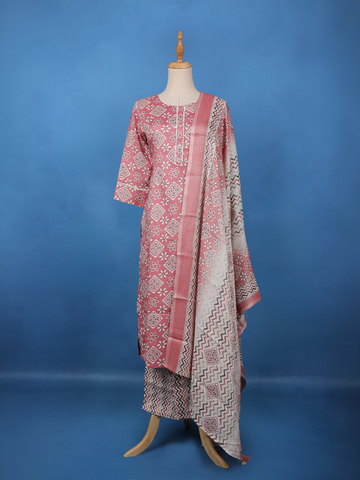 Dusty Pink Floral Printed Cotton Salwar Suit Set with Lace Detailing - Diadem