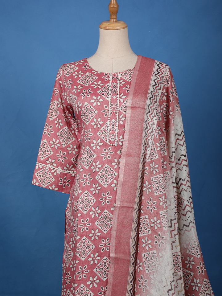 Dusty Pink Floral Printed Cotton Salwar Suit Set with Lace Detailing - Diadem