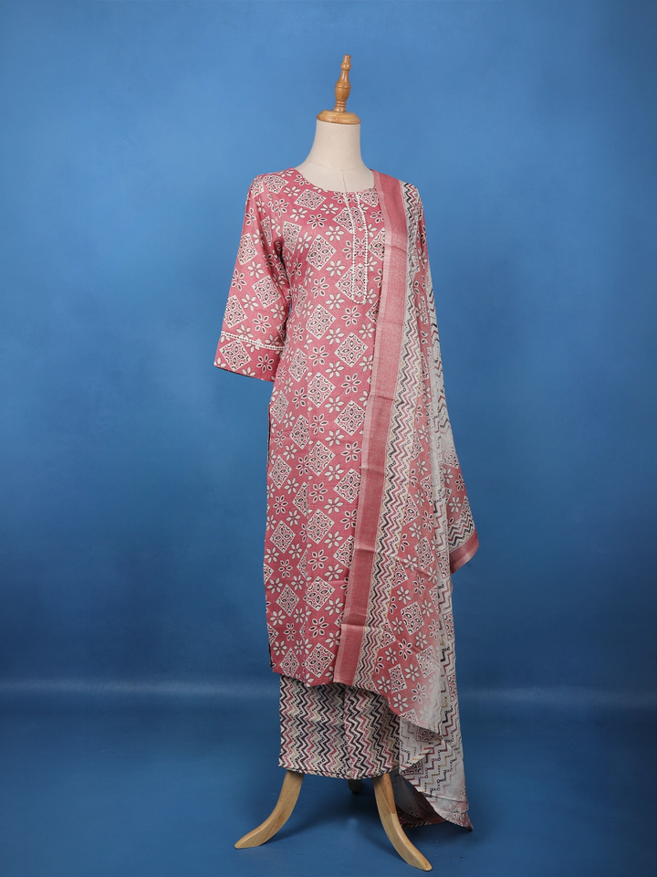 Dusty Pink Floral Printed Cotton Salwar Suit Set with Lace Detailing - Diadem