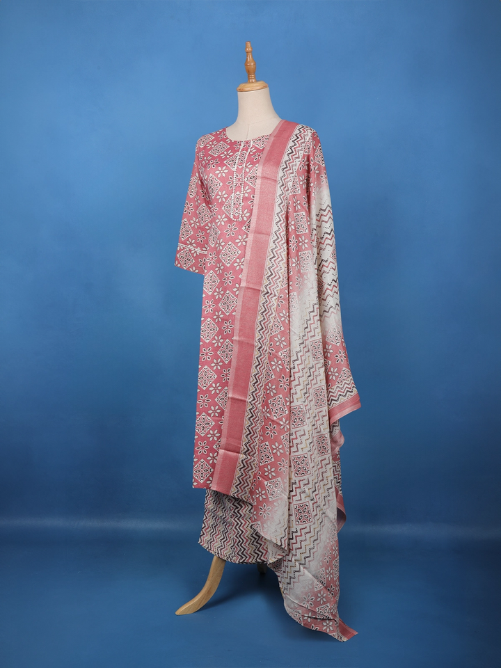 Dusty Pink Floral Printed Cotton Salwar Suit Set with Lace Detailing - Diadem