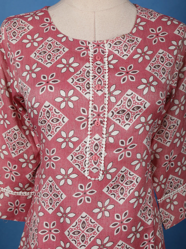 Dusty Pink Floral Printed Cotton Salwar Suit Set with Lace Detailing - Diadem