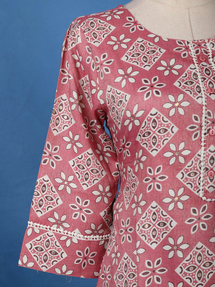 Dusty Pink Floral Printed Cotton Salwar Suit Set with Lace Detailing - Diadem