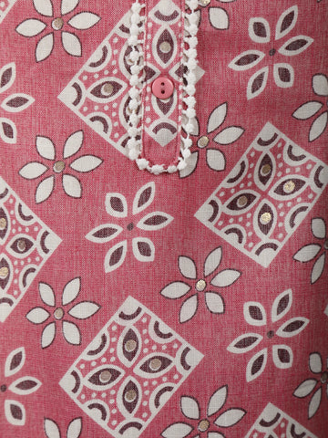 Dusty Pink Floral Printed Cotton Salwar Suit Set with Lace Detailing - Diadem
