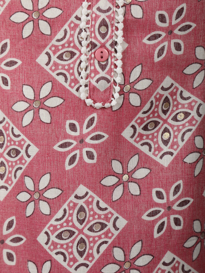 Dusty Pink Floral Printed Cotton Salwar Suit Set with Lace Detailing - Diadem