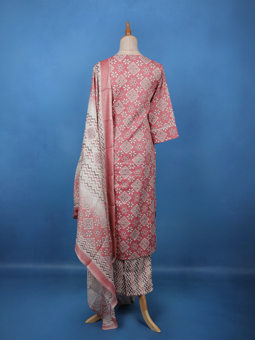 Dusty Pink Floral Printed Cotton Salwar Suit Set with Lace Detailing - Diadem