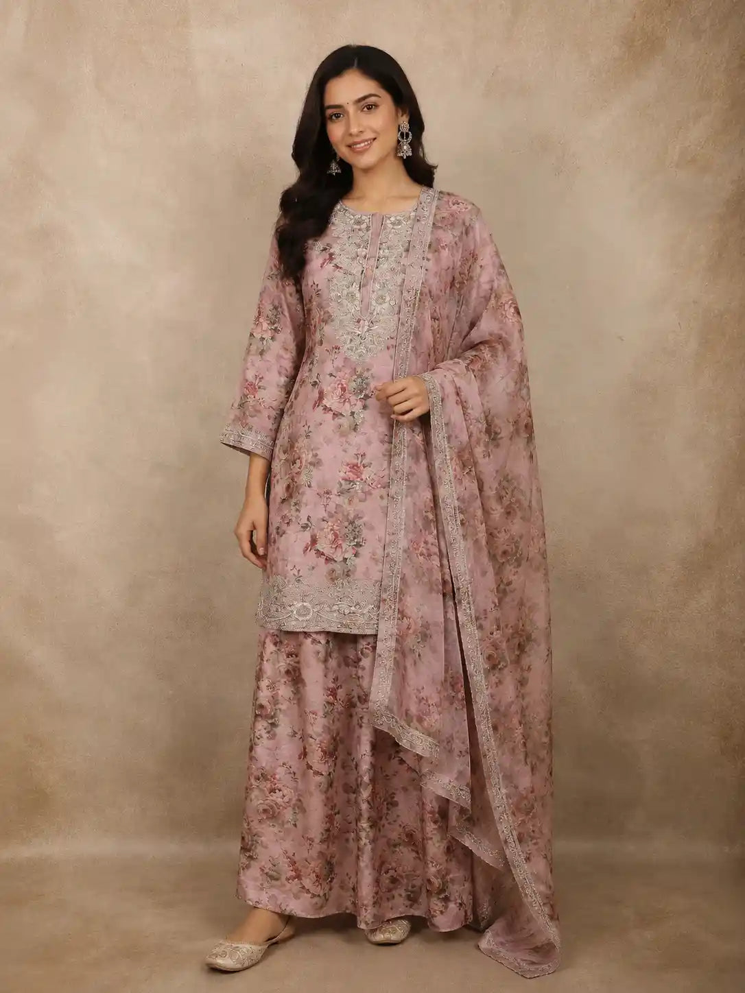Dusty Pink Floral Printed Design Tissue Palazzo Suit with Dupatta
