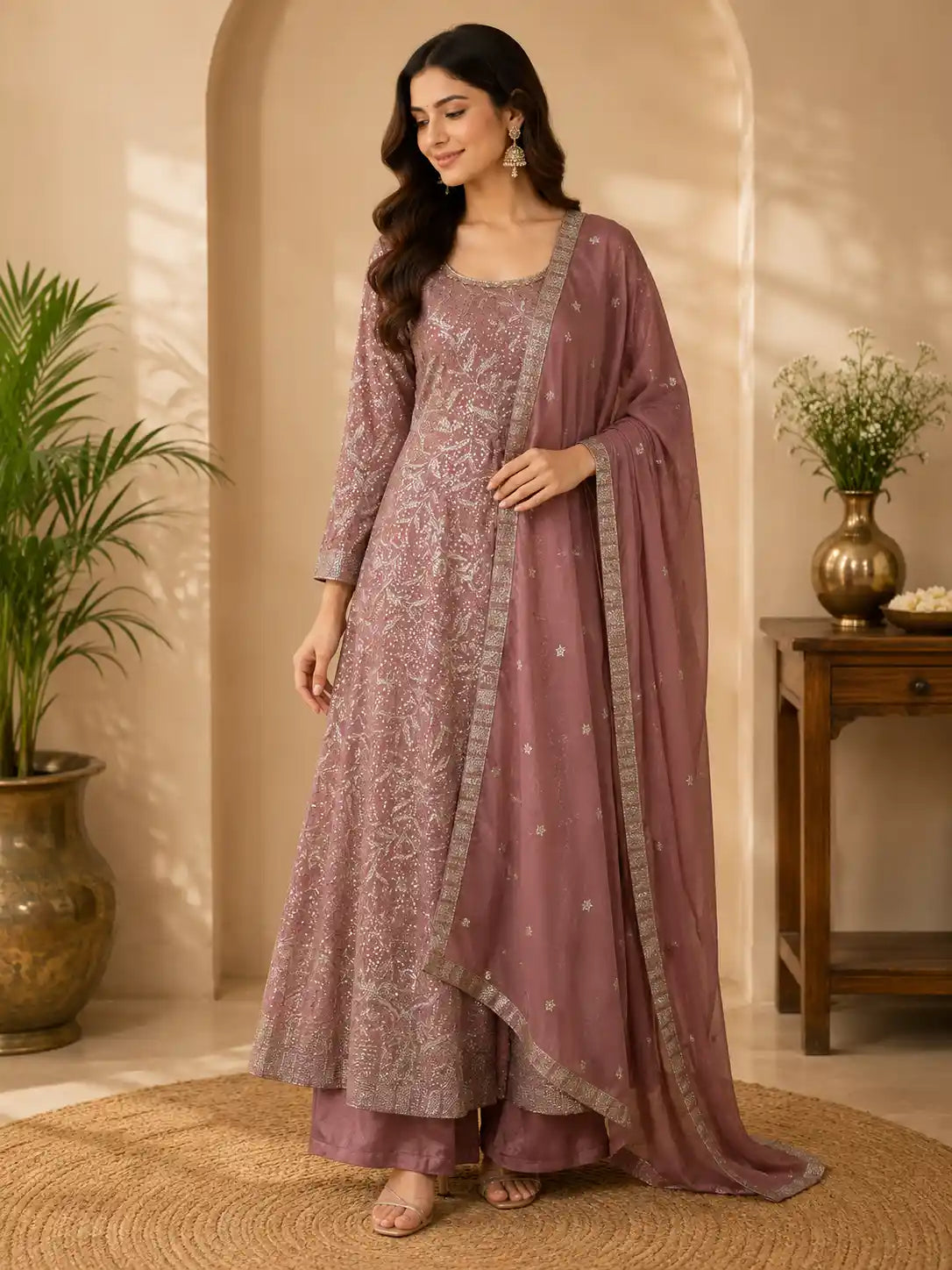 Dusty Pink Leaf Sequins Embroidered Design Georgette Palazzo Suit with Dupatta