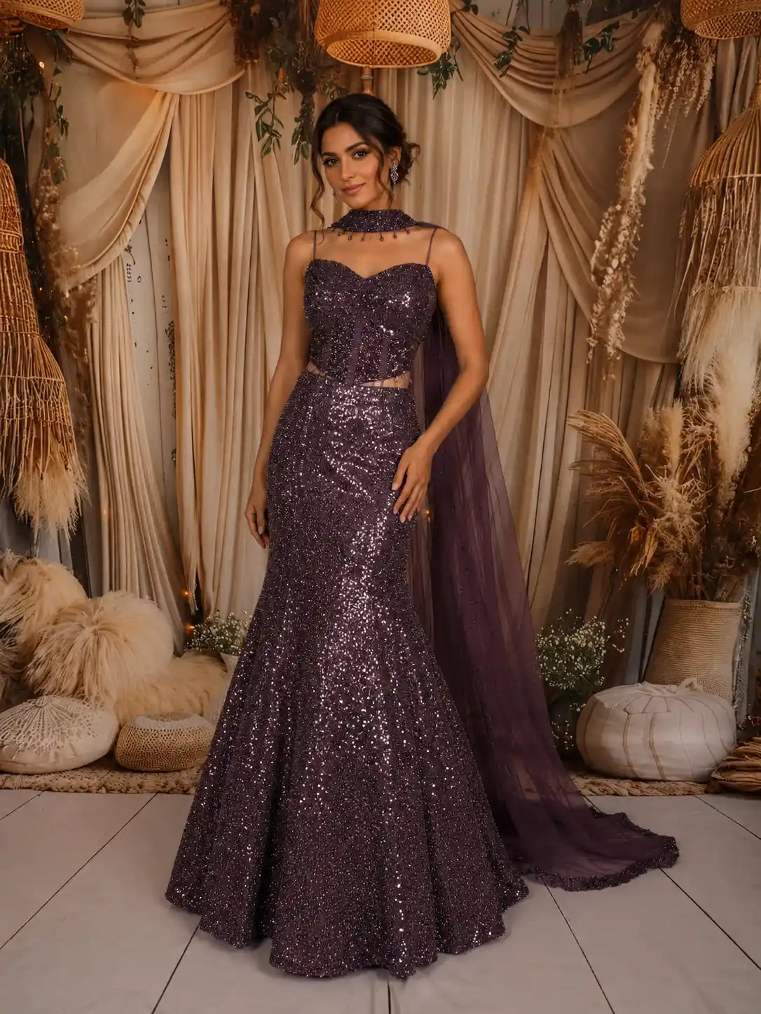Dusty Purple Heavy Sequins and Beads Embroidered Design Mermaid Net Lehenga with Choker Dupatta