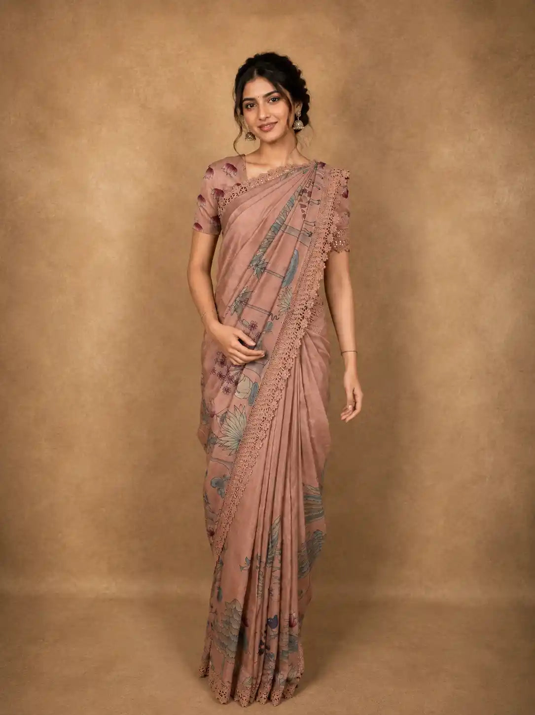Dusty Rose Animal and Birds Motif Design Tussar Saree with Floral Border