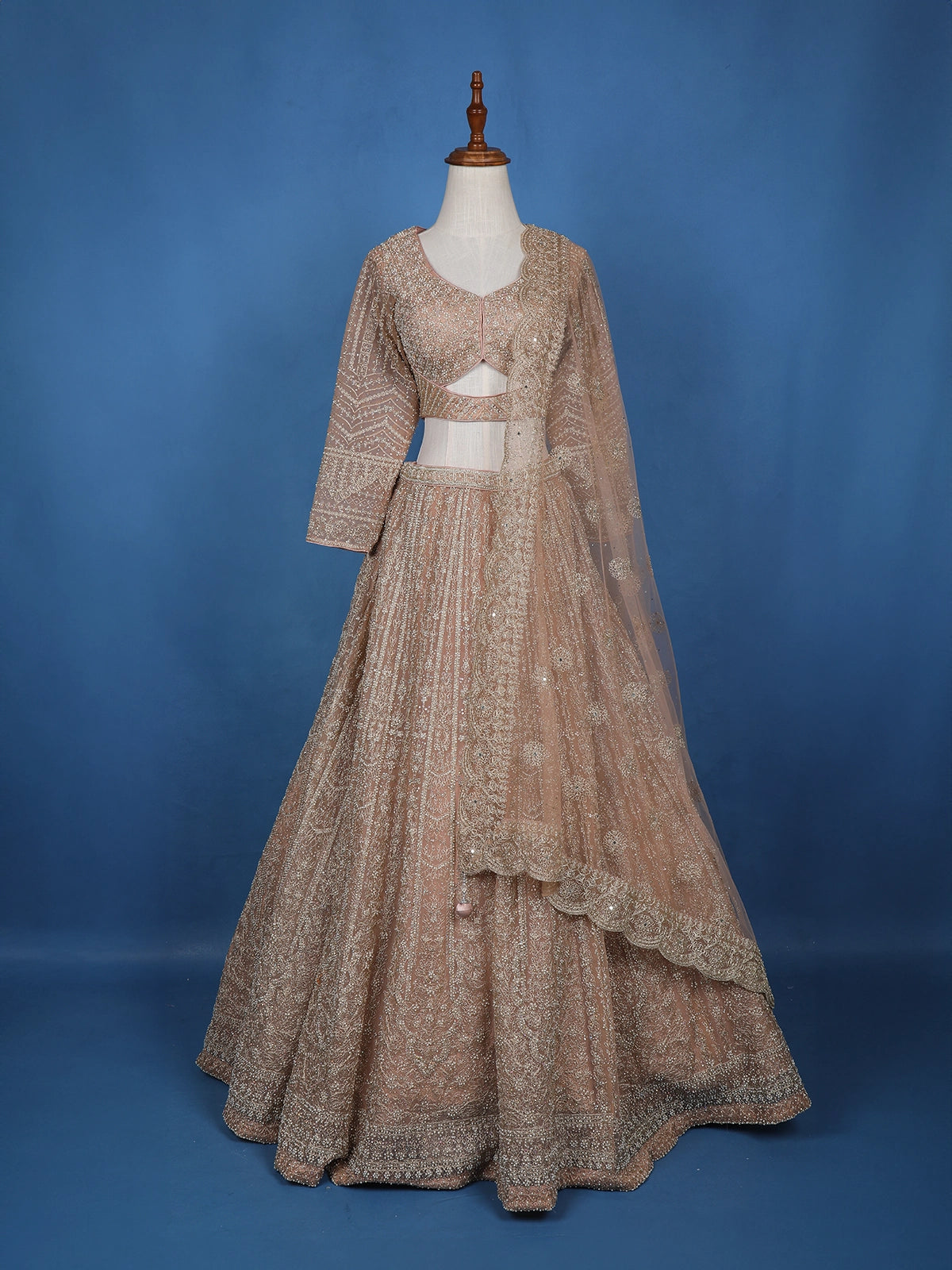 Dusty Rose Gold Floral Motif Embroidery Bridal Net Lehenga Set - Diadem