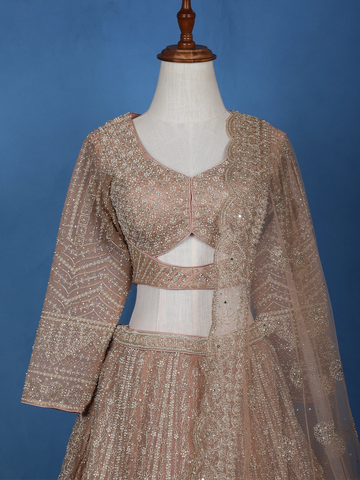 Dusty Rose Gold Floral Motif Embroidery Bridal Net Lehenga Set - Diadem