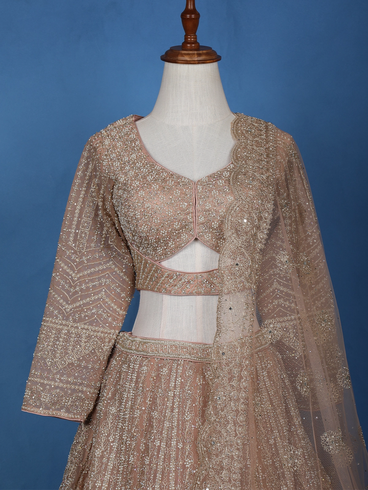 Dusty Rose Gold Floral Motif Embroidery Bridal Net Lehenga Set - Diadem